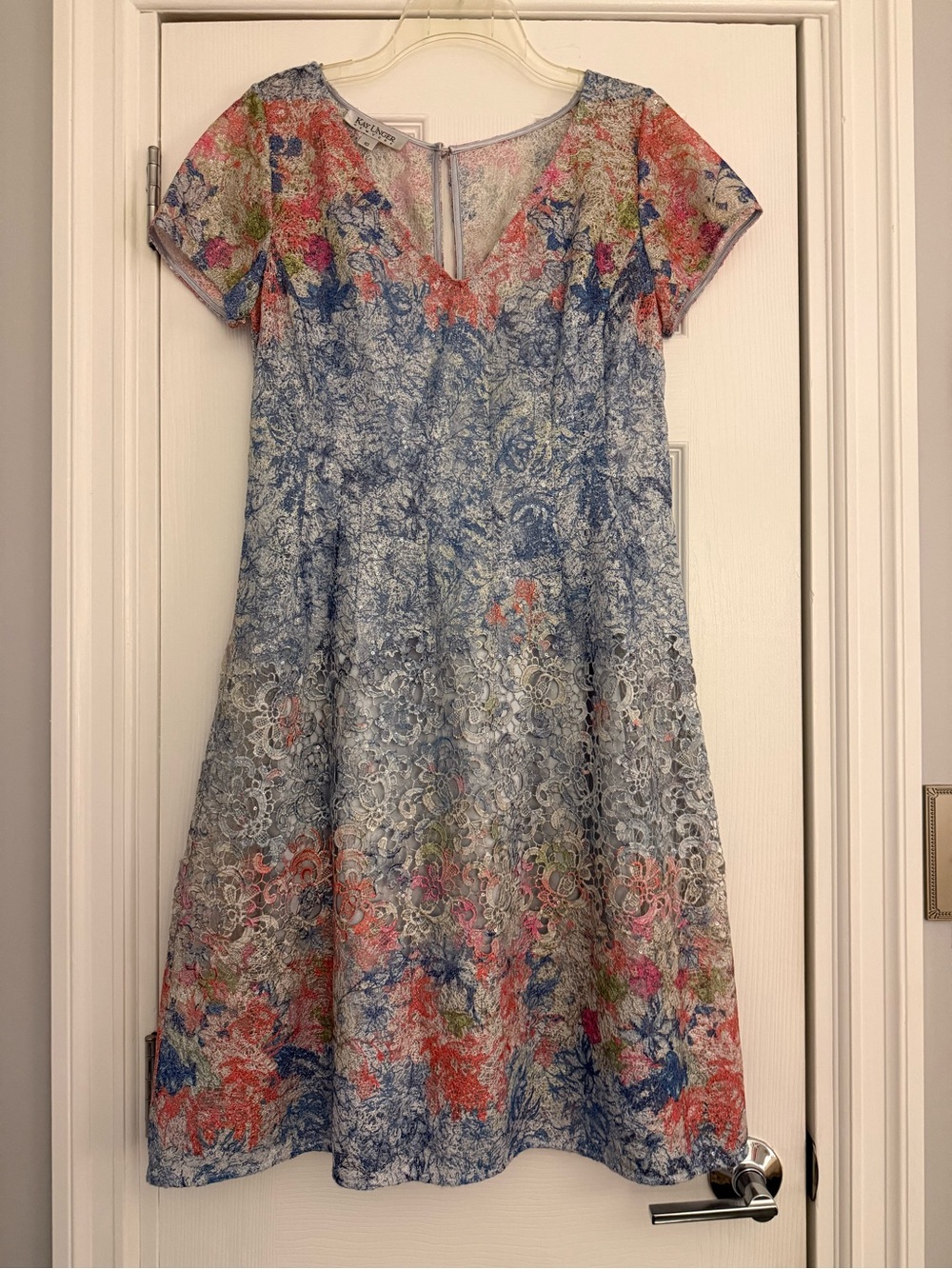 Kay Unger Floral Lace A-Line Dress in Blue and Coral, Size 10